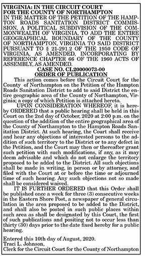 Order of Publication Adding Northampton to HR Sanitation District 8.14, 8.21, 8.28