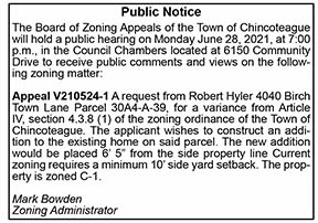 Chincoteague Board of Zoning Appeals Public Notice 6.11, 6.18