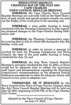 Changing Day of the July 2021 Cape Charles Town Council Regular Meeting 7.9