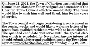 Town of Cheriton Councilman Vacancy Announcement 7.2, 7.9