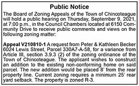 Town of Chincoteague Board of Zoning Appeals Public Notice 8.20, 8.27