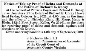 Notice of Taking Proof of Debts and Demands of the Estate of Richard E. Oncay 9.17