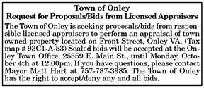 Town of Onley Request for Proposals and Bids From Licensed Appraisers 9.17