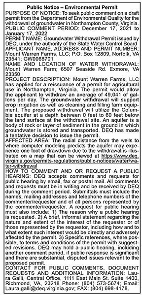 Mount Vernon Farms Environmental Permit Public Notice 12.17