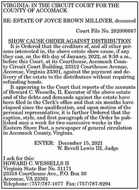 Show Cause Order Against Distribution Estate of Joyce Brown Milliner 12.24, 12.31