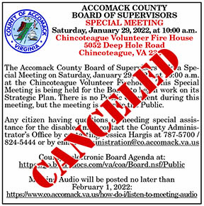 Accomack County Board of Supervisors Special Meeting Canceled 1.28