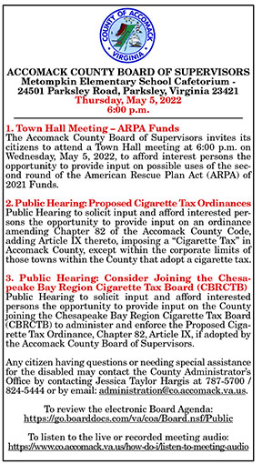 Accomack County Board of Supervisors Upcoming Meeting Dates 4.22, 4.29