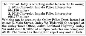 Town of Onley Accepting Sealed Bids for Cars 4.29