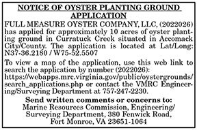 VMRC Oyster Planting Ground Application Full Measure Oyster Company 5.13, 5.20