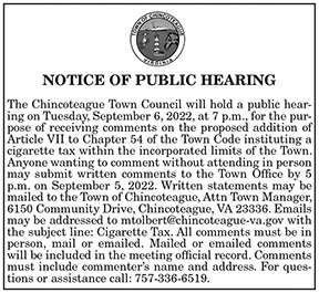 Town of Chincoteague Town Public Hearing on Cigarette Tax 8.26, 9.2